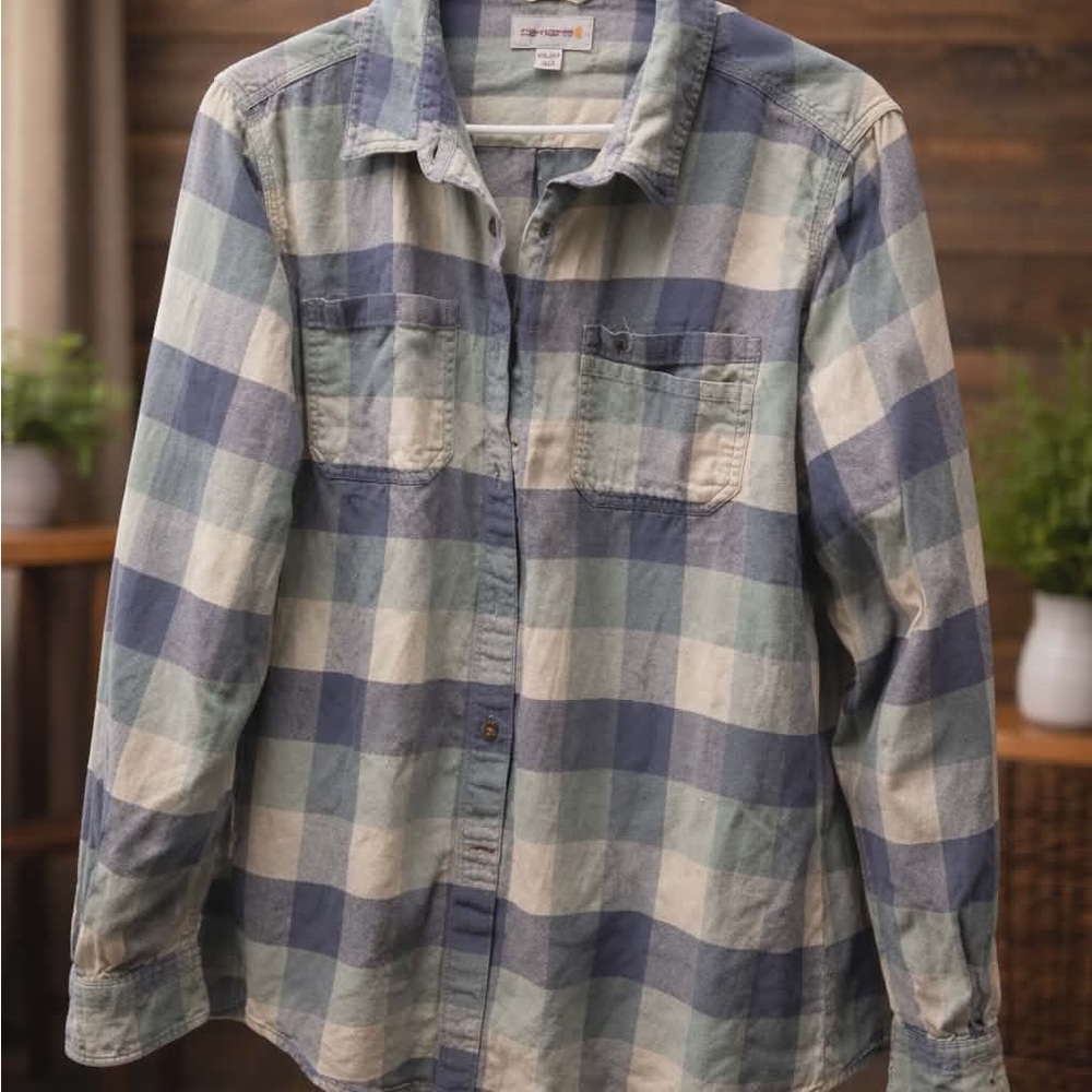 Carhartt Men's Blue and Cream Plaid Button-Down Work Shirt